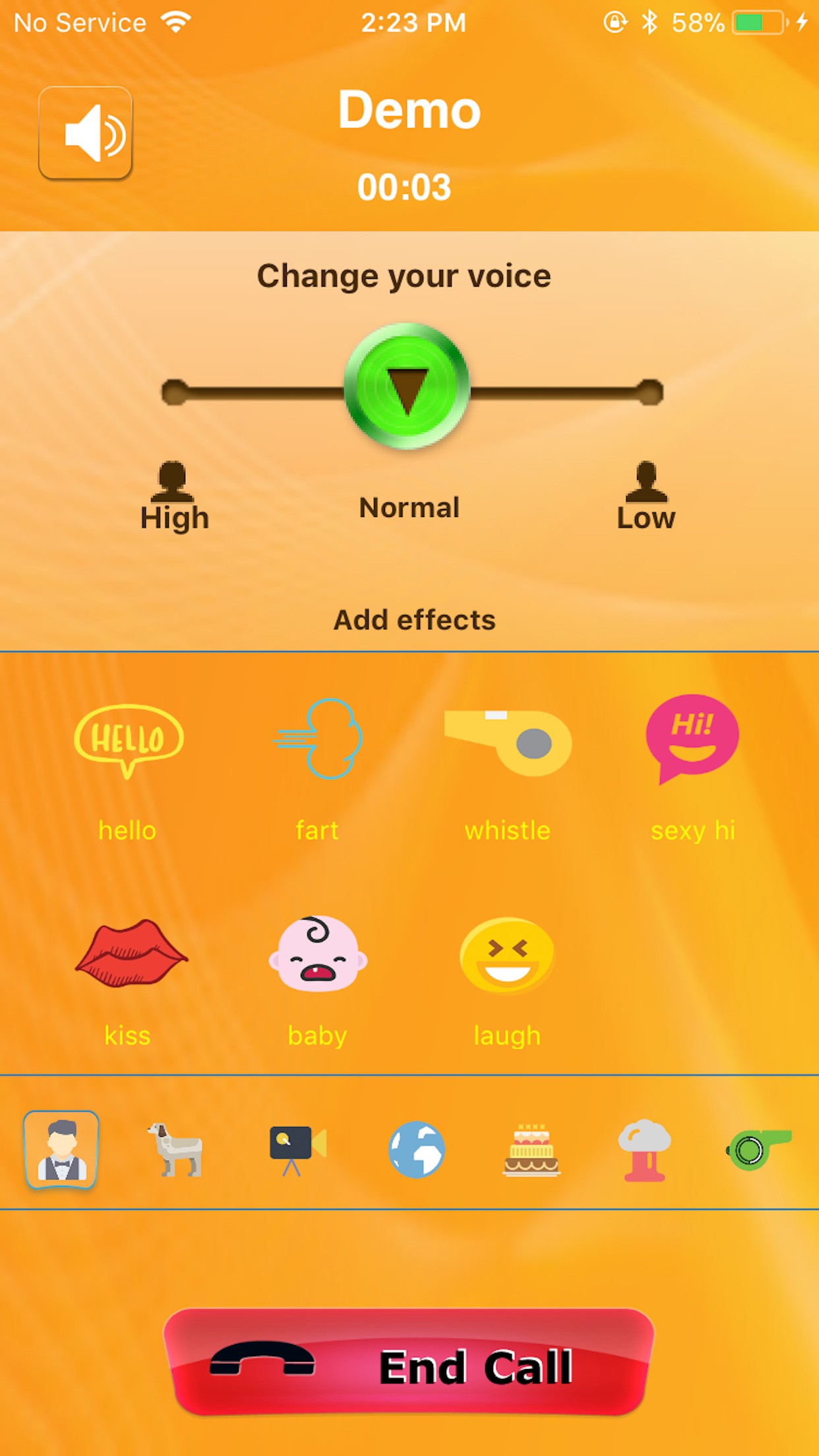 Fun Phone Call in-call screen with voice and effect controls
